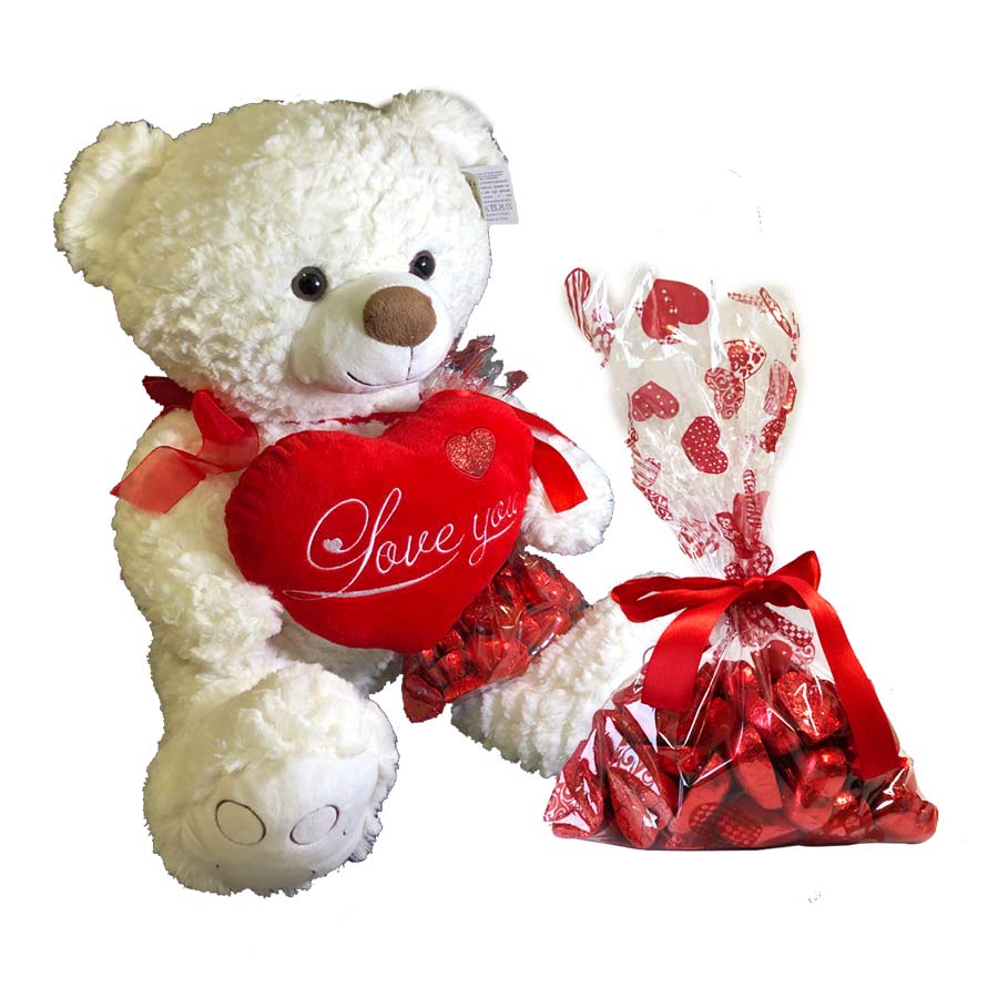 San Valentino: Peluche Orsetto Bianco con Cioccolatini - 350g