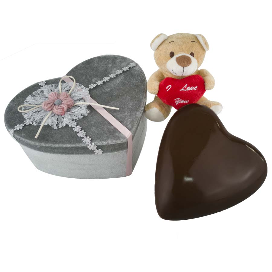San Valentino: Scatola Cuore Grande con Cuore di Cioccolato Fondente e  Peluche - 300g